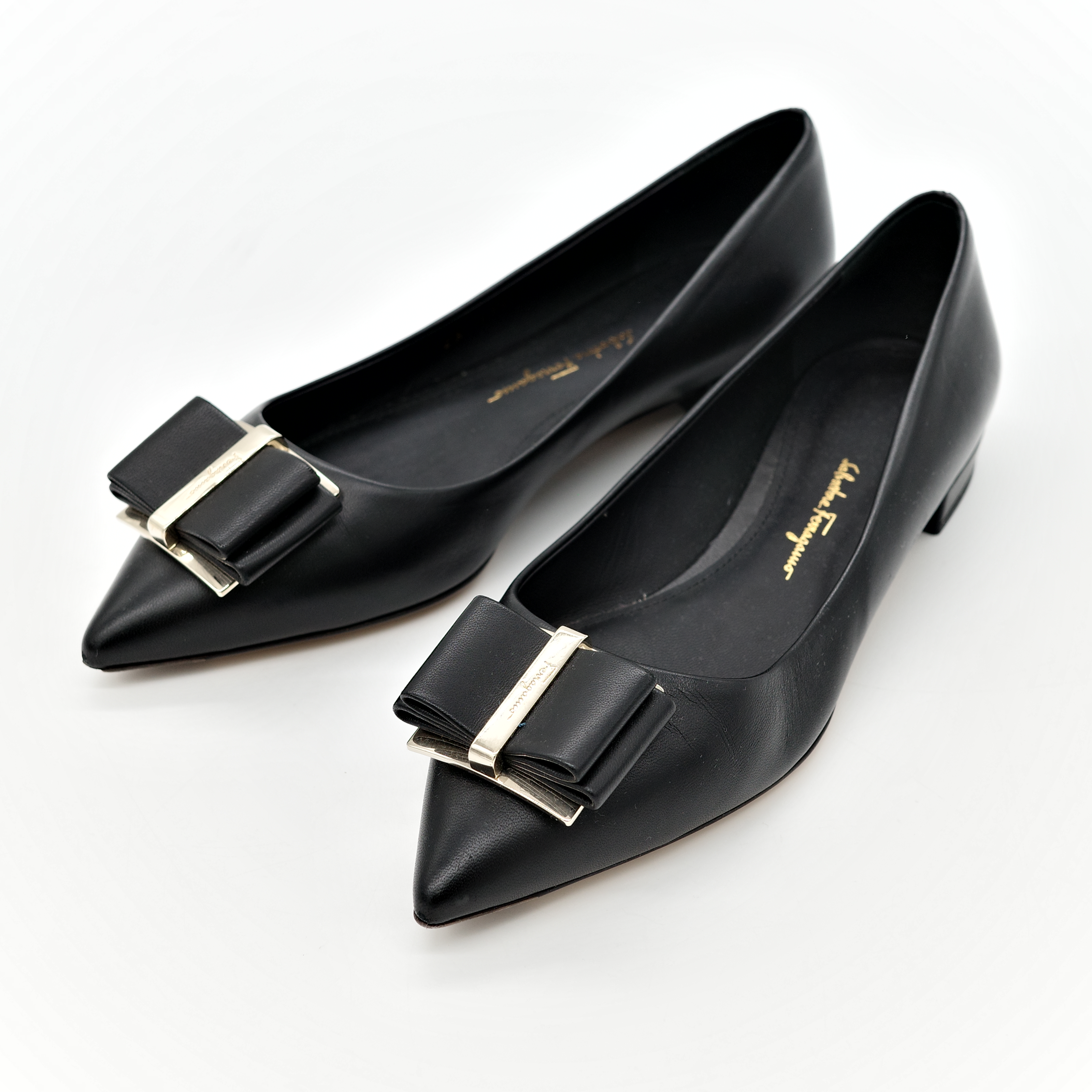 Ferragamo 菲拉格慕 黑色 羔羊皮 Zeri 尖頭蝴蝶結平底鞋 單鞋-1