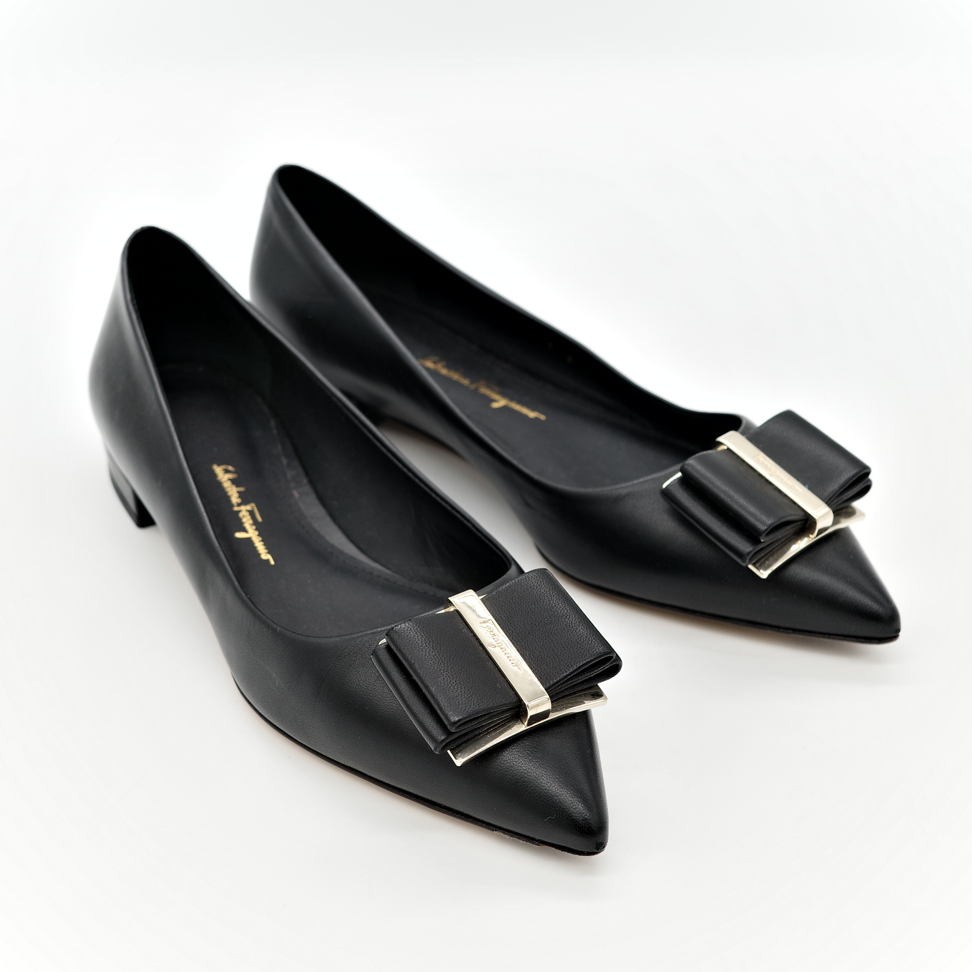 Ferragamo 菲拉格慕 黑色 羔羊皮 Zeri 尖頭蝴蝶結平底鞋 單鞋-3