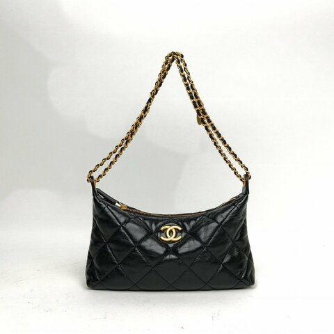 CHANEL 25Shobo腋下包黑色羊皮晶片金扣菱格紋肩背包