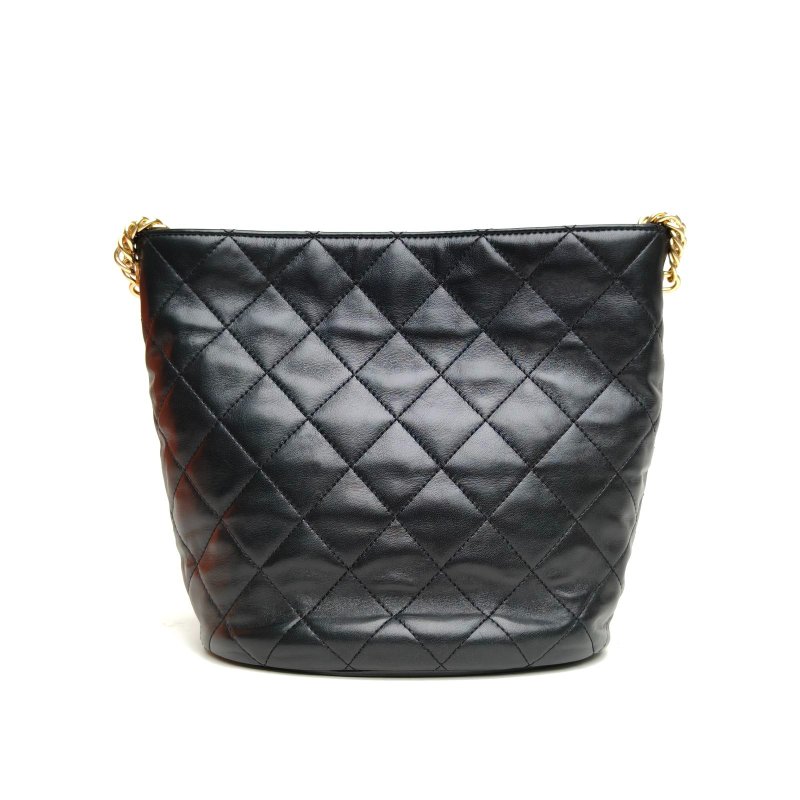 CHANEL 黑色羊皮晶片金扣23C琺瑯鏈條hobo水桶包肩背包-2