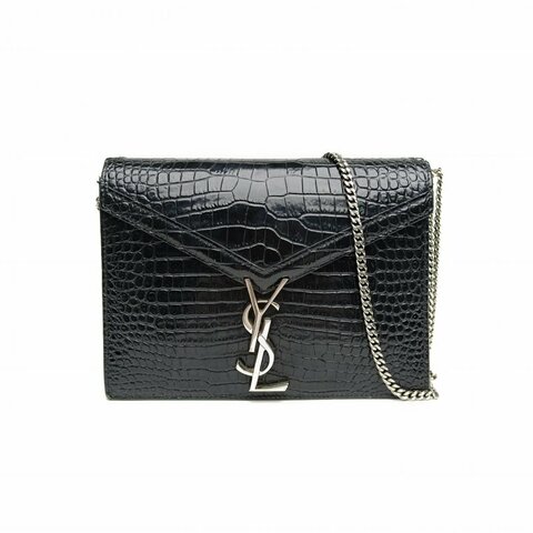 SAINT LAURENT CASSANDRA信封鏈條包鱷魚壓紋黑色銀扣肩背包