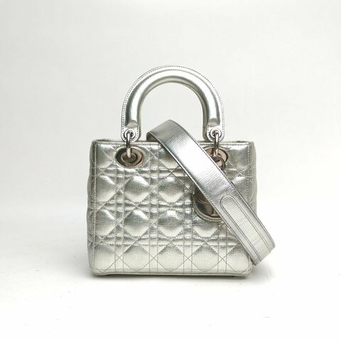 DIOR Lady戴妃包四格銀色牛皮銀扣肩背包