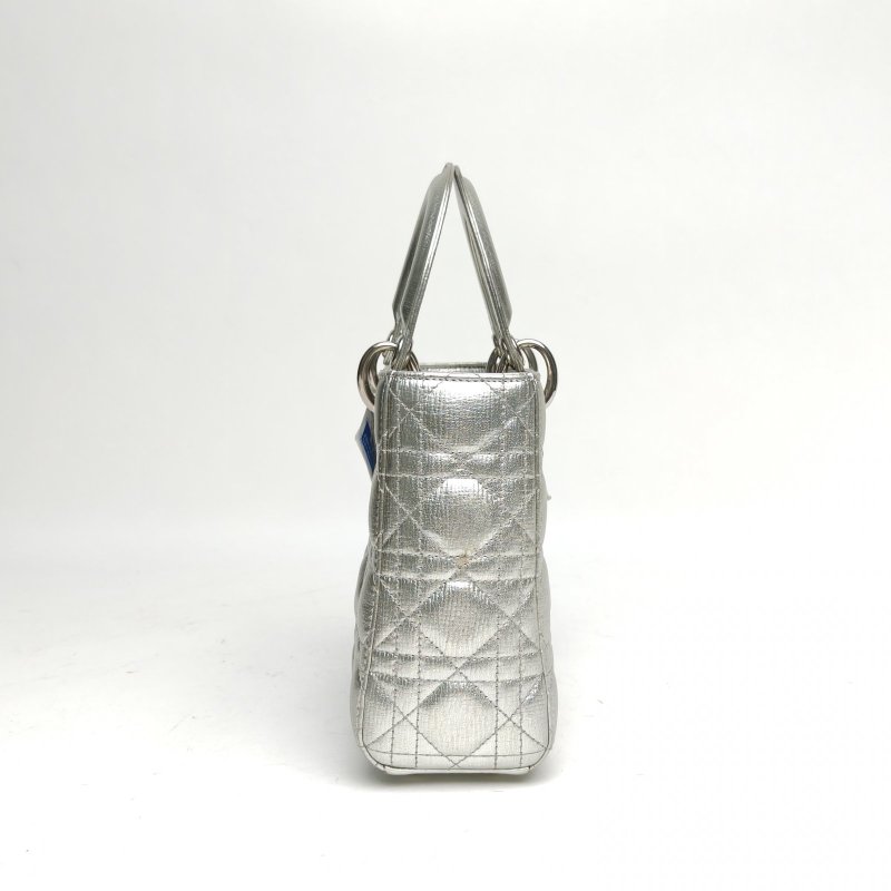 DIOR Lady戴妃包四格銀色牛皮銀扣肩背包-3