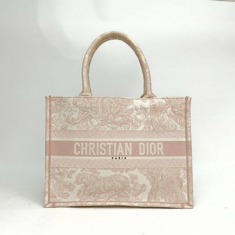 DIOR BookTote中號淡粉色帆布動物園老虎刺繡肩背包