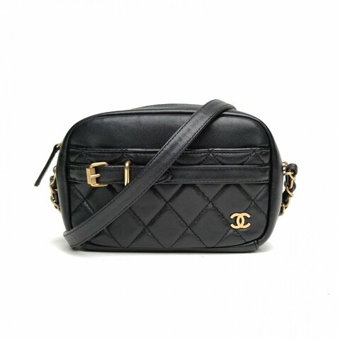 CHANEL 黑色羊皮26開金扣格紋拉鏈相機包肩背包