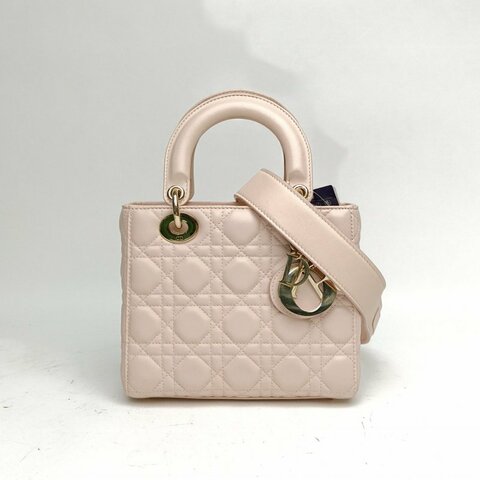 DIOR Lady戴妃包四格徽章肩帶粉色羊皮金扣肩背包