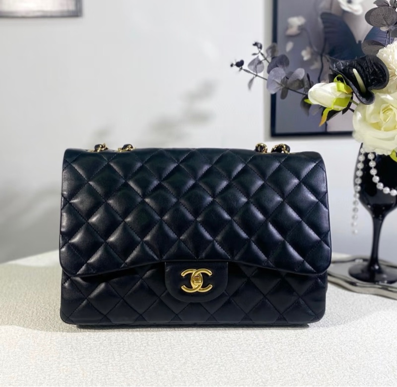 「JL精品代購」9新 Chanel香奈兒Jumbo CF羊皮金扣黑色-0