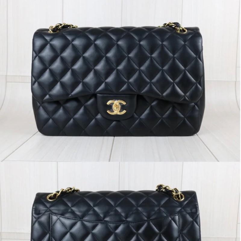 「JL精品代購」9新 Chanel香奈兒Jumbo CF羊皮金扣黑色-2