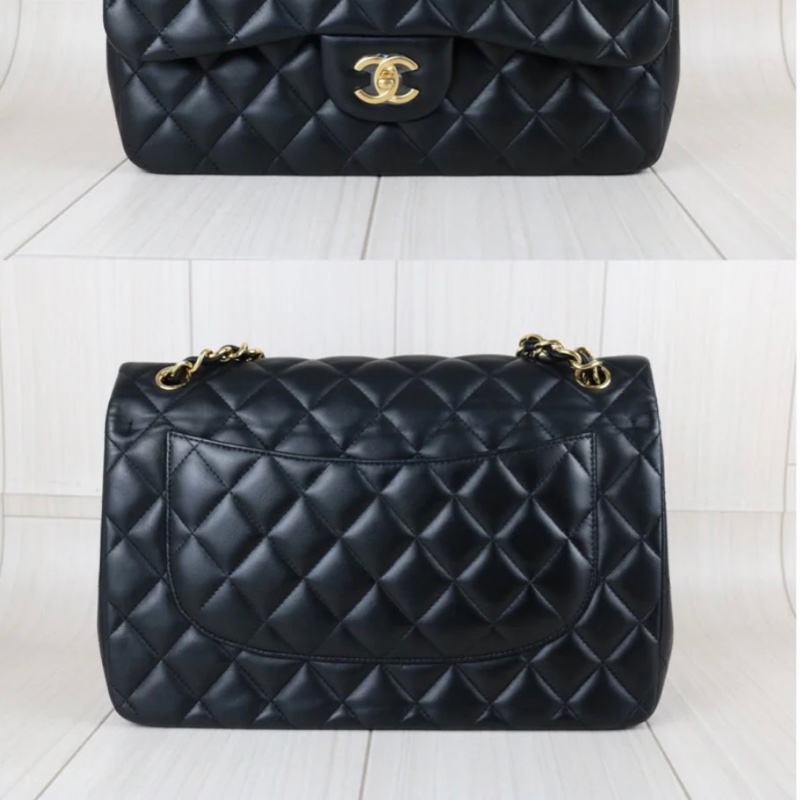 「JL精品代購」9新 Chanel香奈兒Jumbo CF羊皮金扣黑色-10