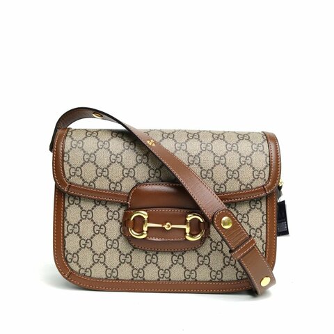 GUCCI Horsebit馬銜扣1955馬鞍包小號棕色PVC金扣肩背包