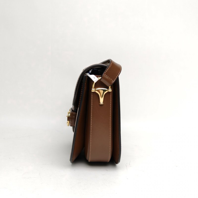 GUCCI Horsebit馬銜扣1955馬鞍包小號棕色PVC金扣肩背包-1