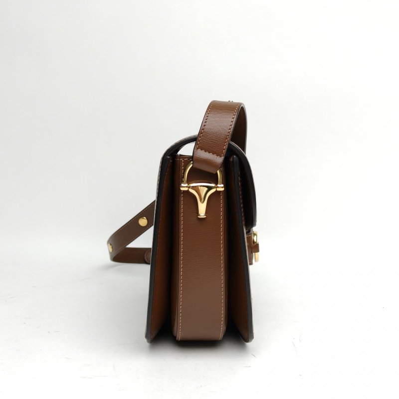 GUCCI Horsebit馬銜扣1955馬鞍包小號棕色PVC金扣肩背包-3