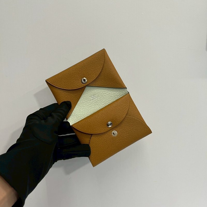 Hermes Calvi Duo焦糖色x氣泡綠B刻 山羊皮卡包-7