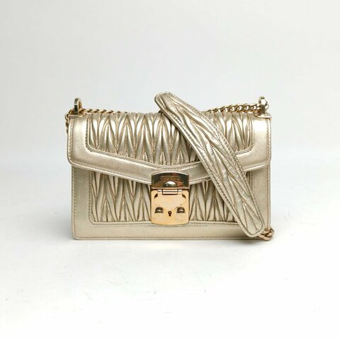 MIU MIU 金色羊皮金扣Confidential褶皺鏈條包肩背包