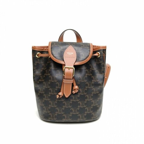 CELINE Folco抽繩雙肩包Mini迷你褐色PVC老花肩背包