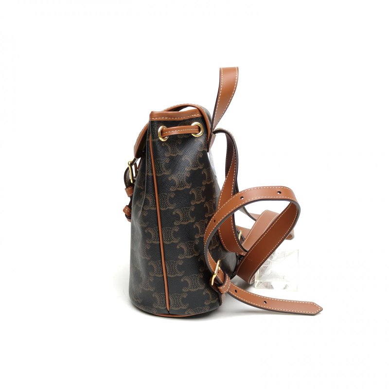 CELINE Folco抽繩雙肩包Mini迷你褐色PVC老花肩背包-1