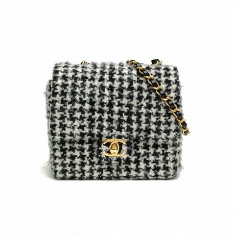 CHANEL 黑白千鳥格毛呢晶片開金扣方胖子千鳥格肩背包