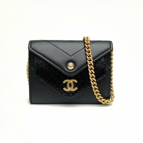 CHANEL 黑色牛皮26開金扣mini鏈條包零錢包肩背包