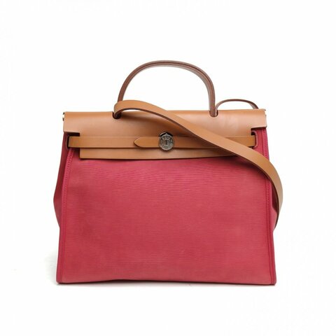 HERMES Herbag31石榴紅帆布/牛皮框R銀扣肩背包