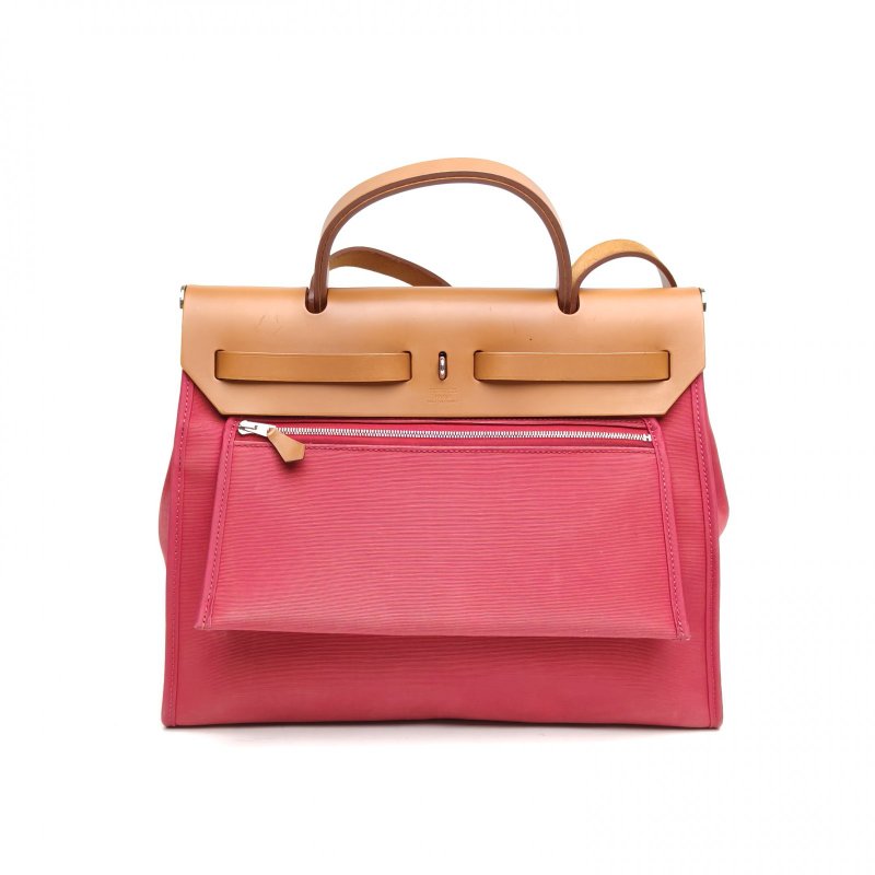 HERMES Herbag31石榴紅帆布/牛皮框R銀扣肩背包-2