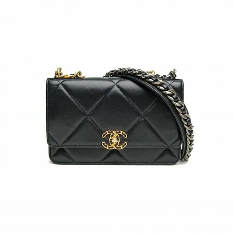 CHANEL 19BAG旋鈕WOC黑色羊皮晶片開金銀扣肩背包