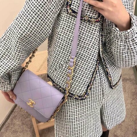 CHANEL 21K香芋紫滾邊粗鏈條 方胖子肩背斜背包18*17*4 98新配件塵袋