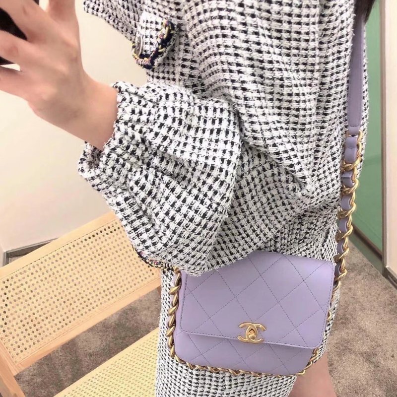 CHANEL 21K香芋紫滾邊粗鏈條 方胖子肩背斜背包18*17*4 98新配件塵袋-1