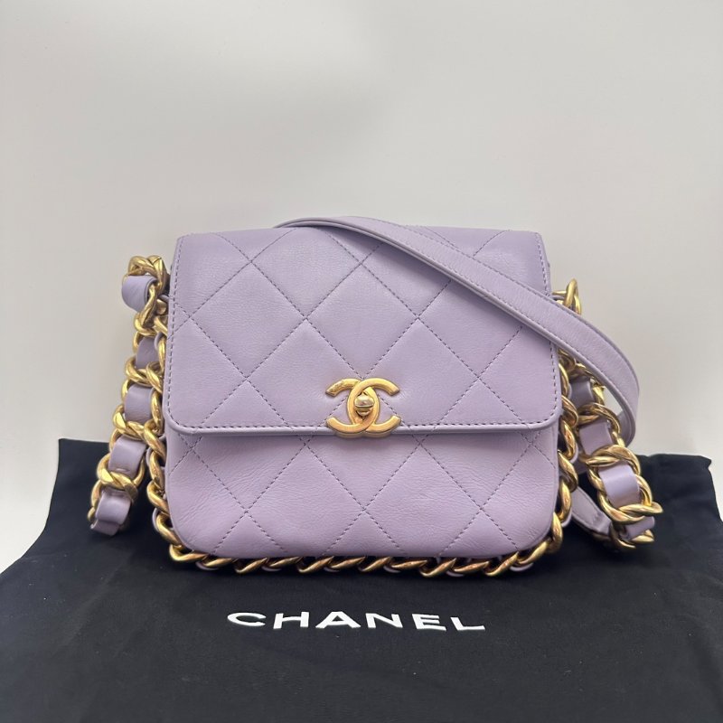 CHANEL 21K香芋紫滾邊粗鏈條 方胖子肩背斜背包18*17*4 98新配件塵袋-2