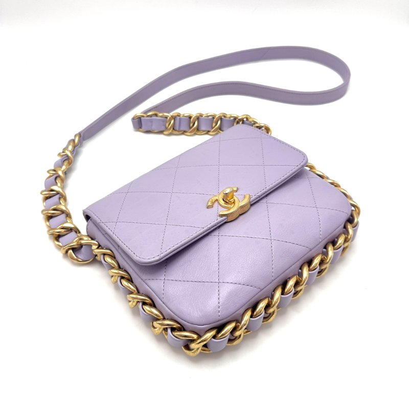 CHANEL 21K香芋紫滾邊粗鏈條 方胖子肩背斜背包18*17*4 98新配件塵袋-3