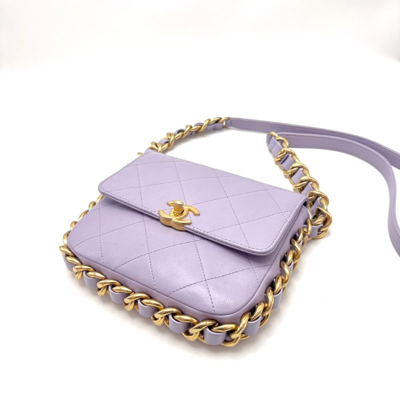CHANEL 21K香芋紫滾邊粗鏈條 方胖子肩背斜背包18*17*4 98新配件塵袋-4