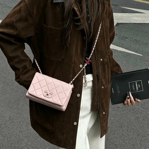 CHANEL 24A粉金琺瑯扣可調節 鏈條方胖子肩背斜背包 19*12*7 98新配件塵袋