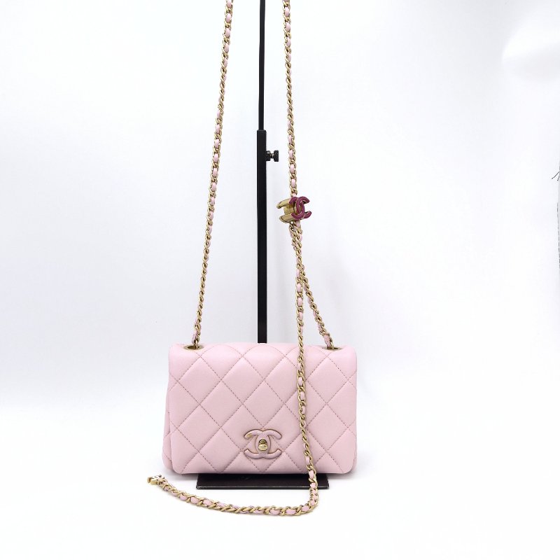 CHANEL 24A粉金琺瑯扣可調節 鏈條方胖子肩背斜背包 19*12*7 98新配件塵袋-2
