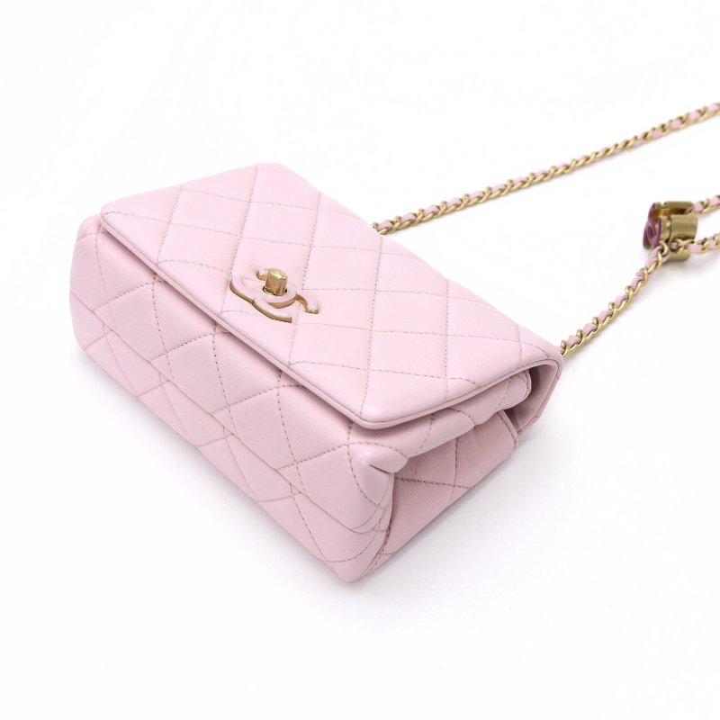 CHANEL 24A粉金琺瑯扣可調節 鏈條方胖子肩背斜背包 19*12*7 98新配件塵袋-3