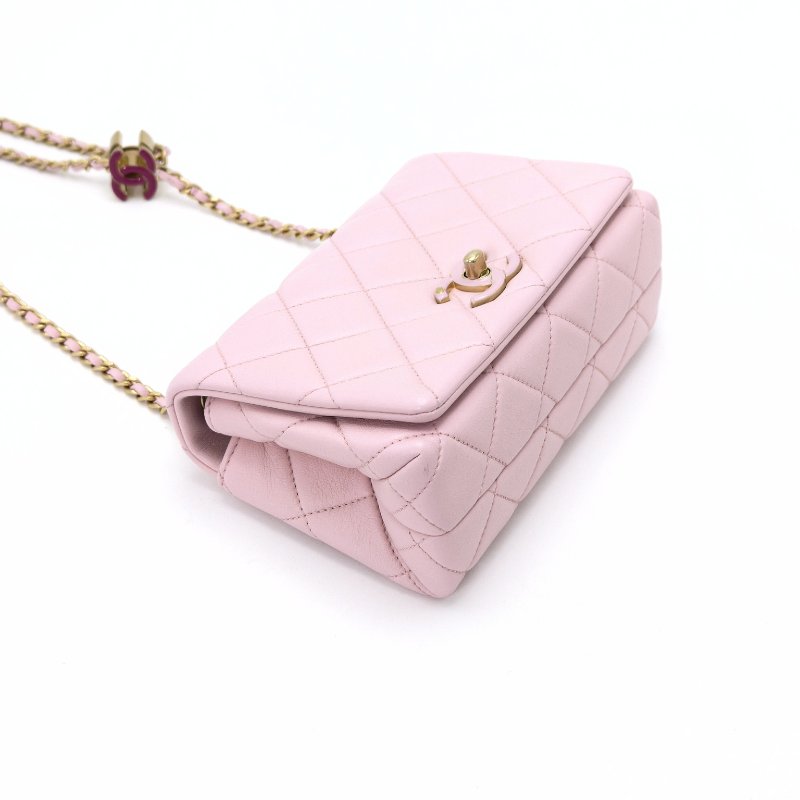 CHANEL 24A粉金琺瑯扣可調節 鏈條方胖子肩背斜背包 19*12*7 98新配件塵袋-4