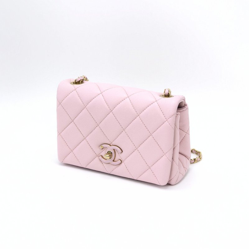 CHANEL 24A粉金琺瑯扣可調節 鏈條方胖子肩背斜背包 19*12*7 98新配件塵袋-5