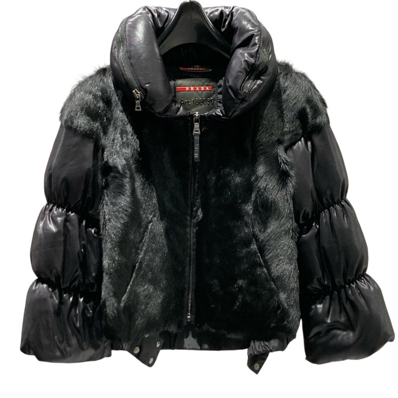 PRADA 普拉達 仿皮草飾邊羽絨夾克 黑色 SIZE38-0