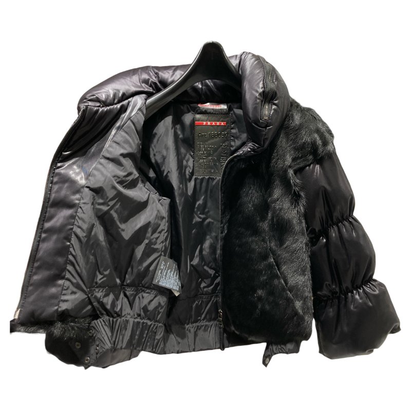 PRADA 普拉達 仿皮草飾邊羽絨夾克 黑色 SIZE38-2