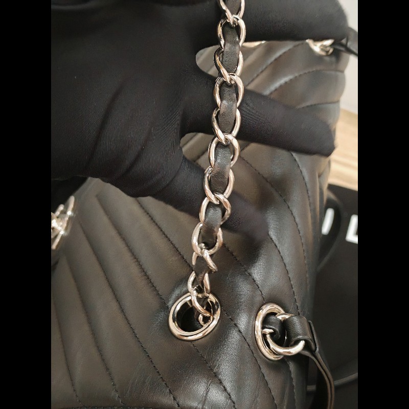 Chanel backpack 黑銀牛皮雙肩包-7