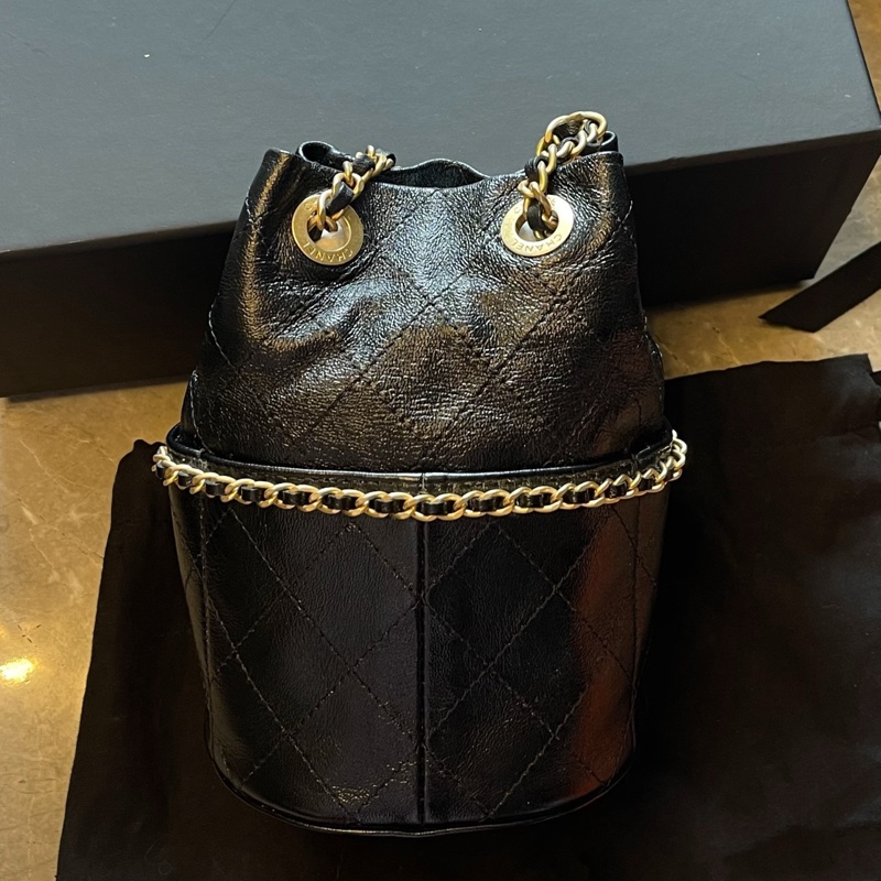 香奈兒Chanel 25c 黑金羊皮鏈條晶片款水桶包 -3