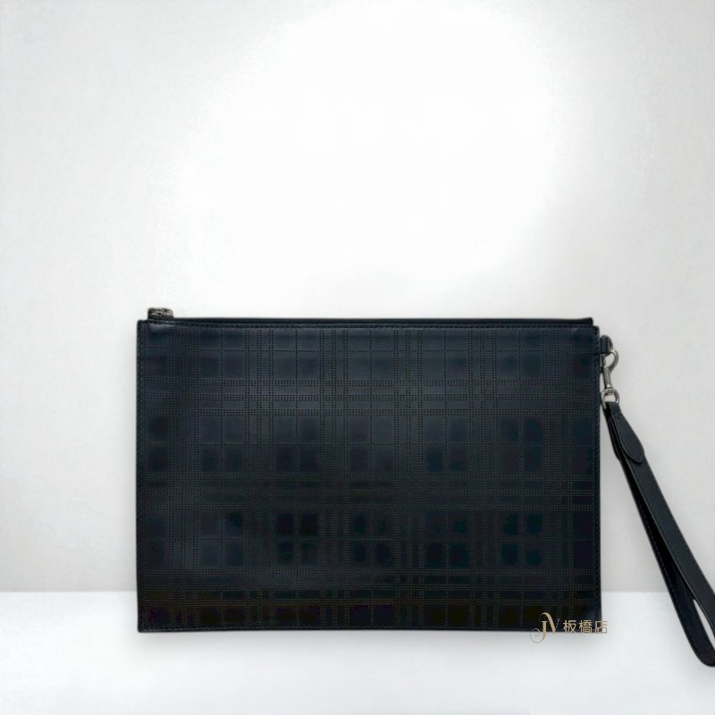 JS1330-BURBERRY 黑牛皮雷射洞洞格紋手拿包-0