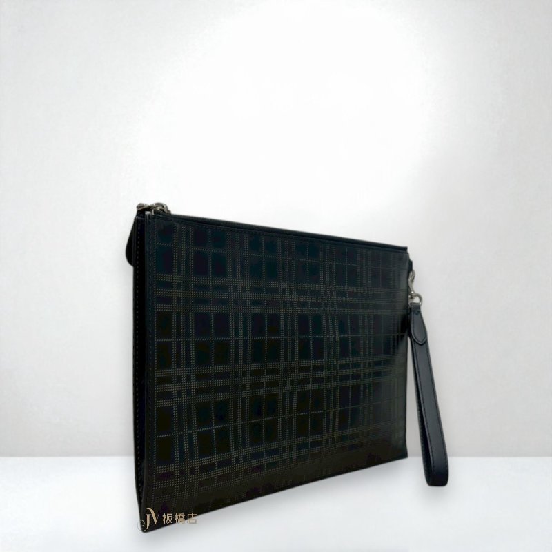 JS1330-BURBERRY 黑牛皮雷射洞洞格紋手拿包-2