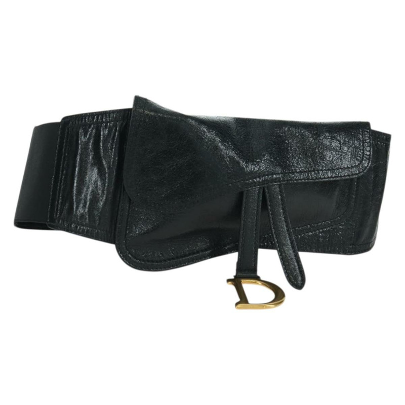 【日本直送】Christian Dior 馬鞍腰包，黑色皮革，金色，正品 INZ077V-0