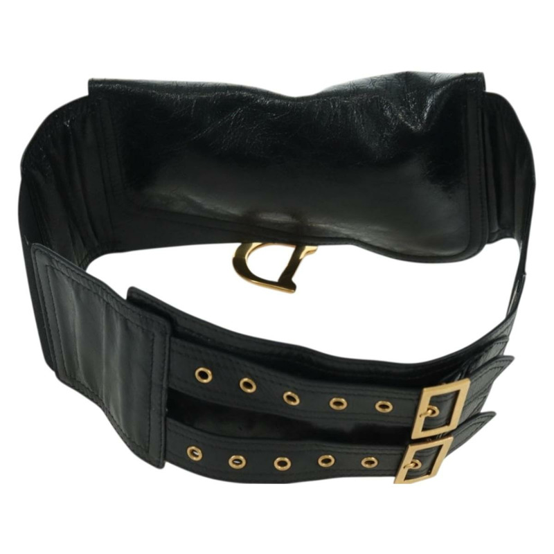 【日本直送】Christian Dior 馬鞍腰包，黑色皮革，金色，正品 INZ077V-1