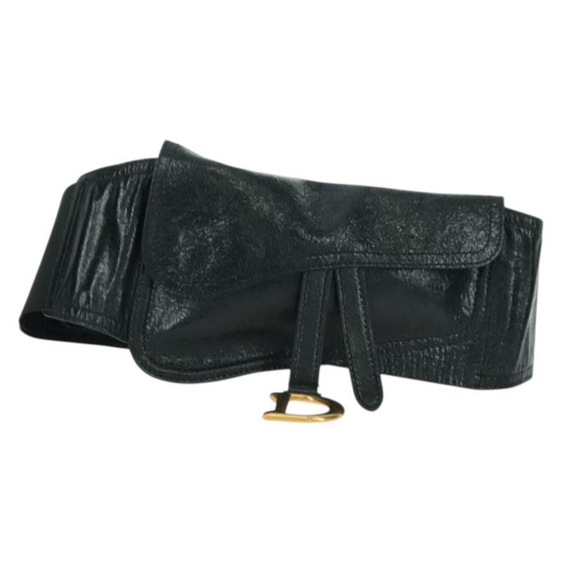 【日本直送】Christian Dior 馬鞍腰包，黑色皮革，金色，正品 INZ077V-12