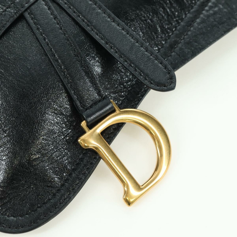 【日本直送】Christian Dior 馬鞍腰包，黑色皮革，金色，正品 INZ077V-20