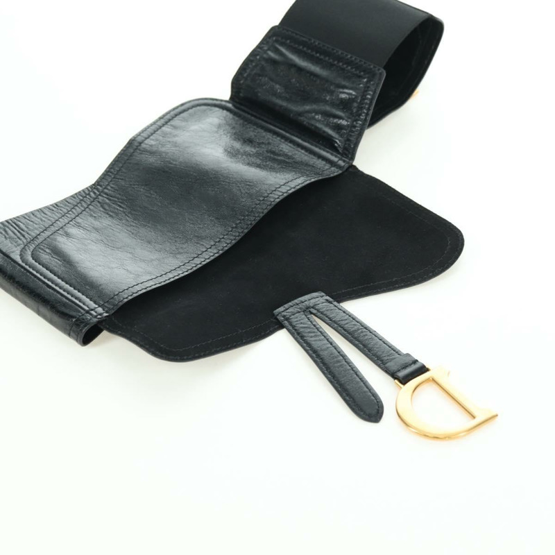 【日本直送】Christian Dior 馬鞍腰包，黑色皮革，金色，正品 INZ077V-21