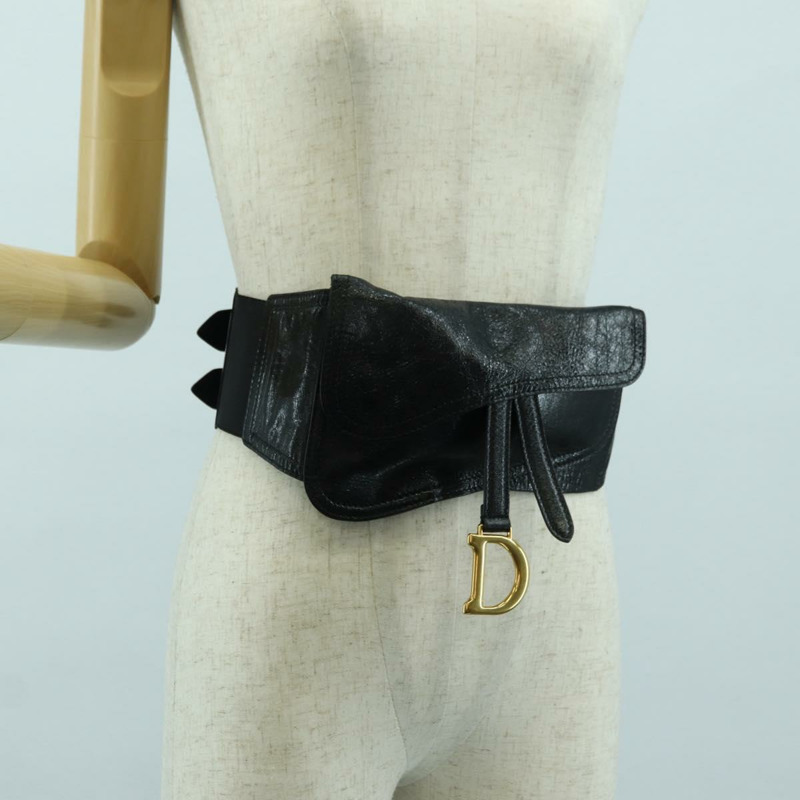 【日本直送】Christian Dior 馬鞍腰包，黑色皮革，金色，正品 INZ077V-25