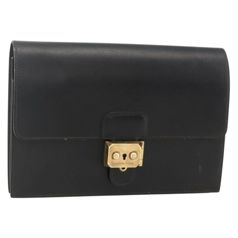 【日本直送】愛馬仕 Pochette jet 手拿包，黑色皮革，金色，正品 BSZ371-0