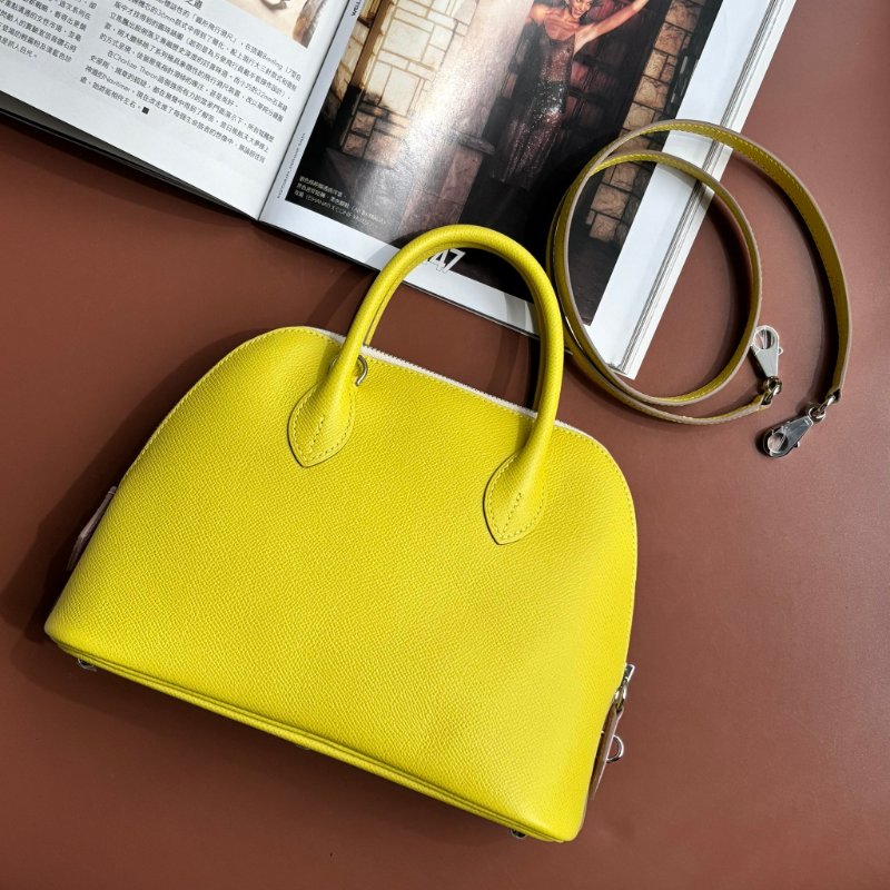 ::HERMES:: 萊姆黃拼色粉白拉鍊柏莉包 Bolide 25-0