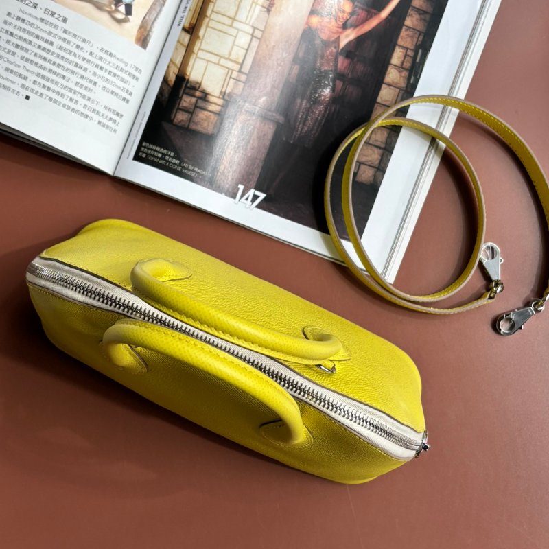 ::HERMES:: 萊姆黃拼色粉白拉鍊柏莉包 Bolide 25-1